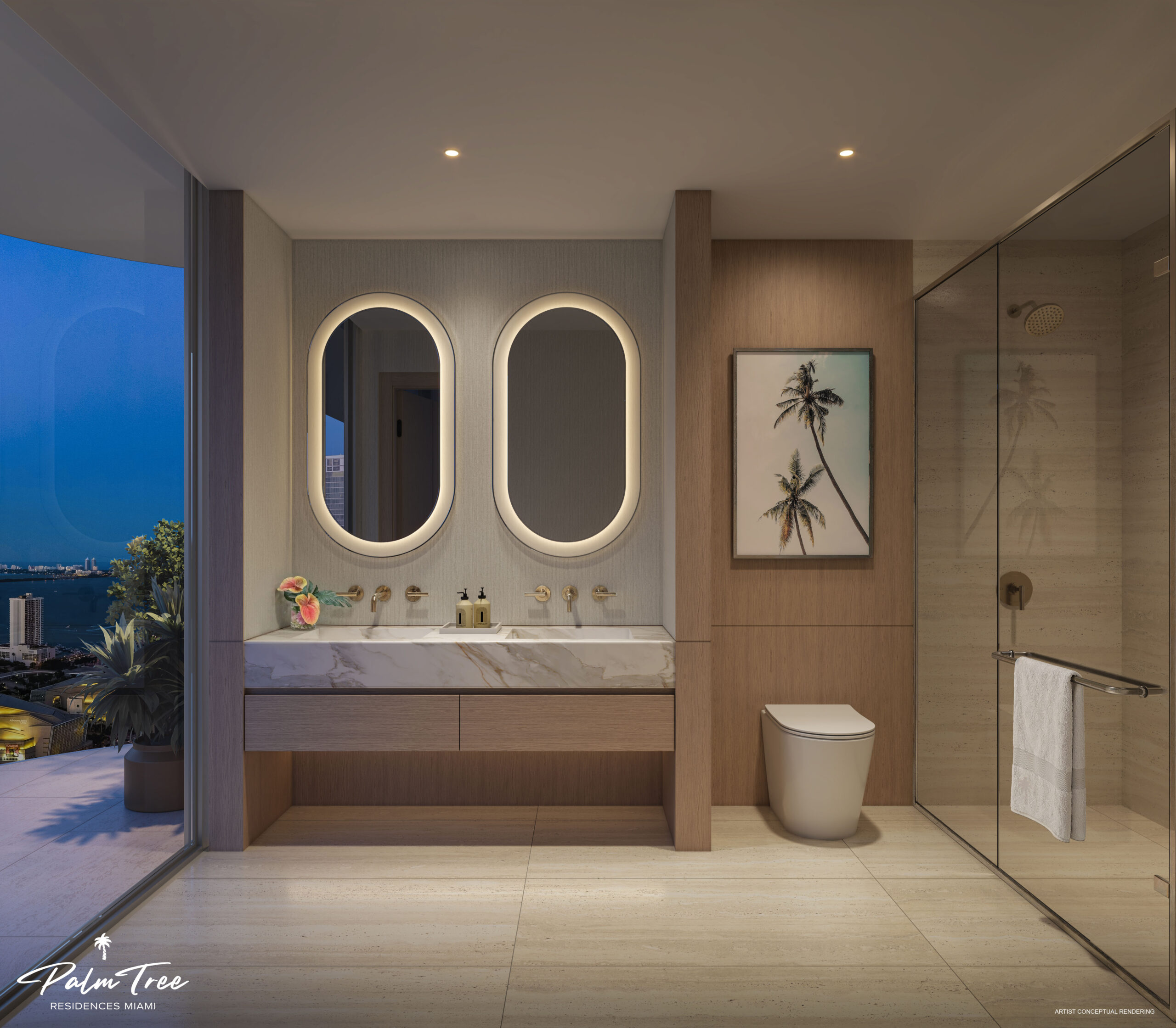 Palm Tree Residences Miami spa-inspired primary bathroom with Waterworks fixtures and city views