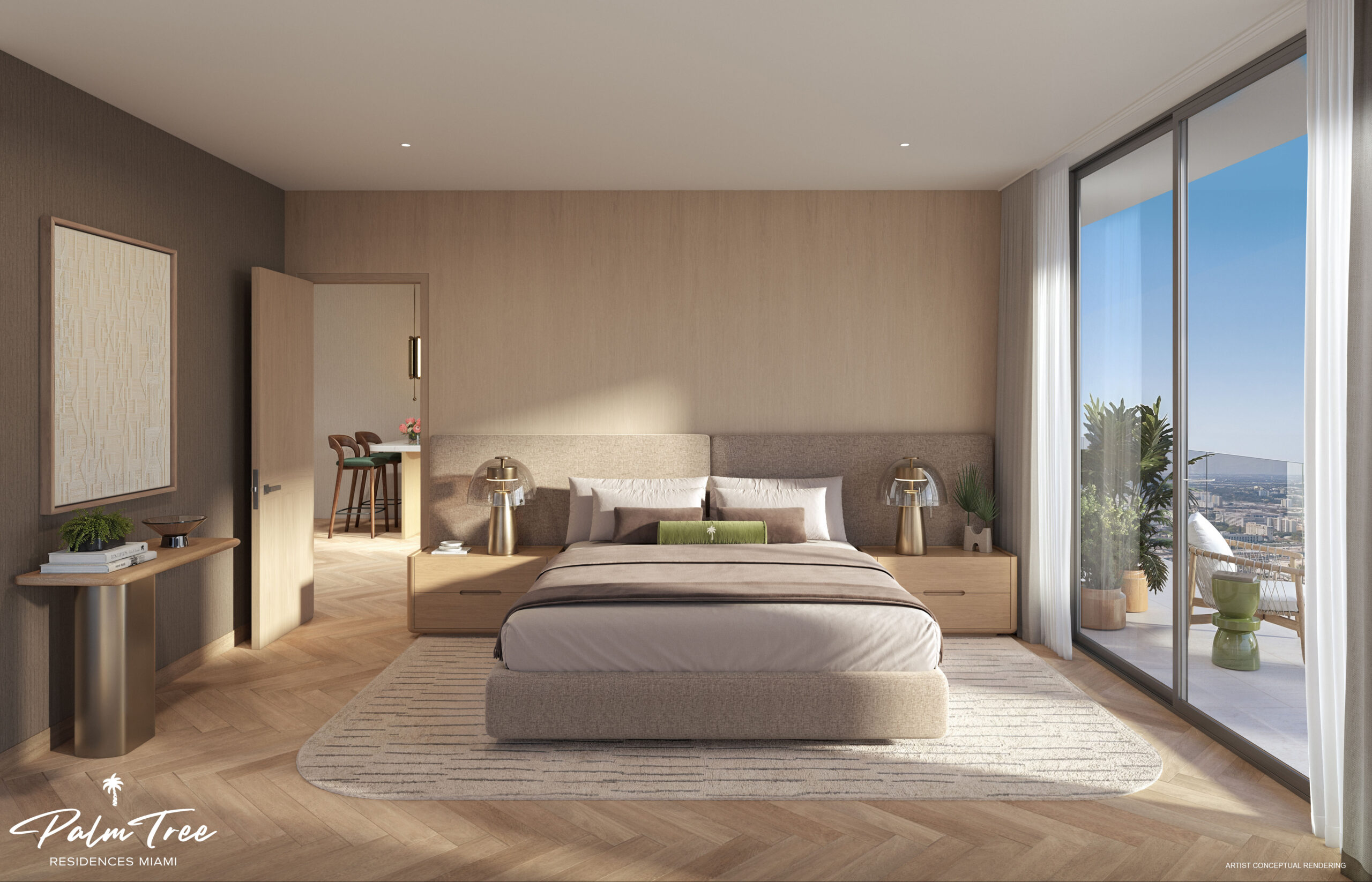 Palm Tree Residences Miami primary bedroom with private balcony and city views