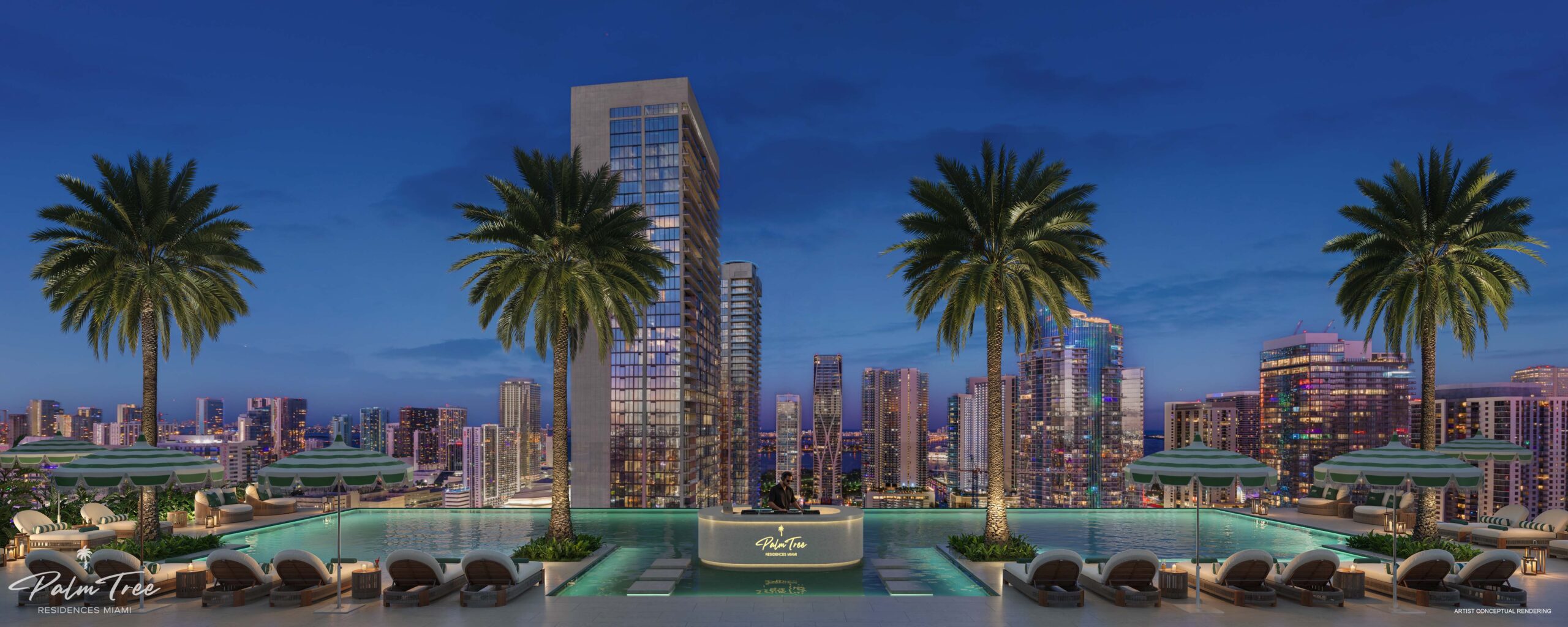 Palm Tree Residences Miami rooftop infinity pool with Downtown Miami skyline views at night
