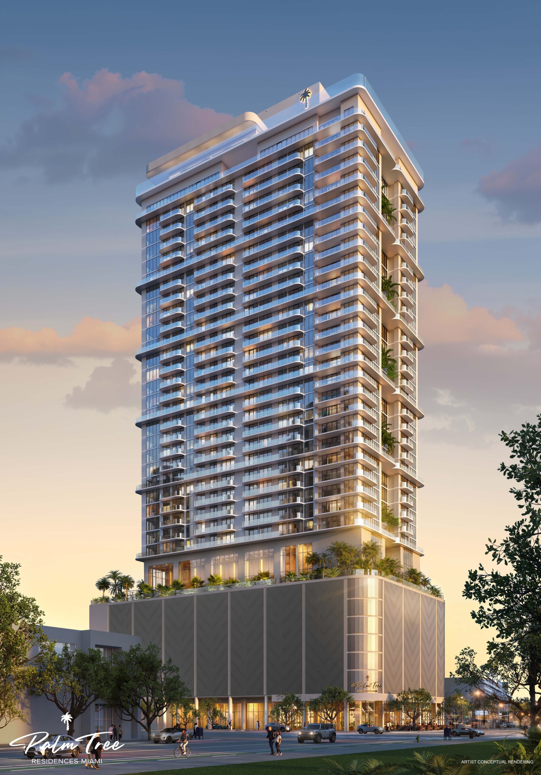 Palm Tree Residences Miami exterior dusk rendering