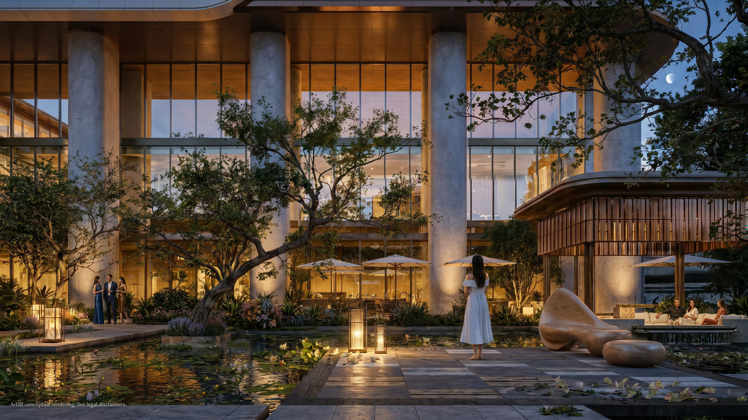 Anantara Residences Miami arrival garden at night rendering